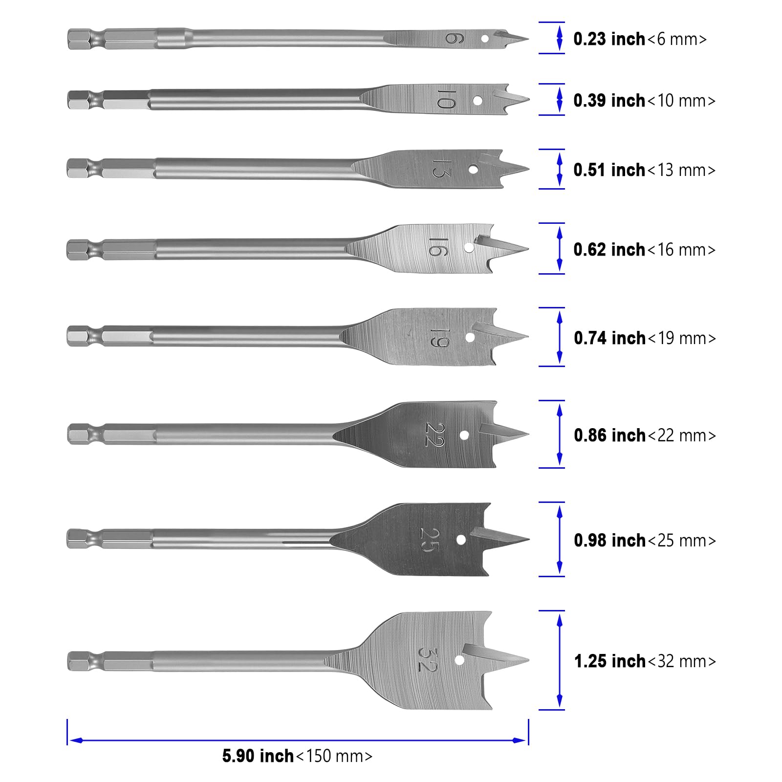 Juego de 8 brocas fresadoras planas, 150 mm para madera con vástago hexagonal de 1/4 pulgadas, diámetro de 6-32 mm, broca de pala para trabajar la madera, acero al carbono de alta resistencia