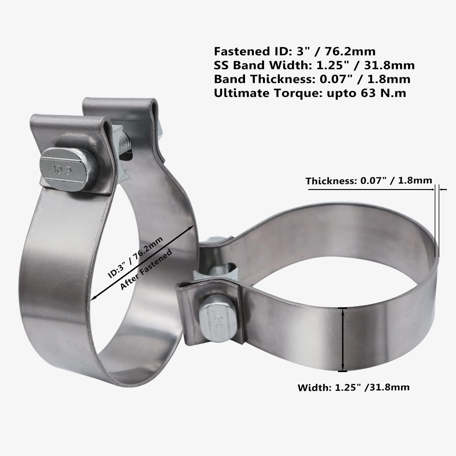 ROADFORMER 3 inch Exhaust Clamp Narrow Band Stainless Steel for Exhaust Pipe, Muffler and Exhaust System Repair (2 Pack)