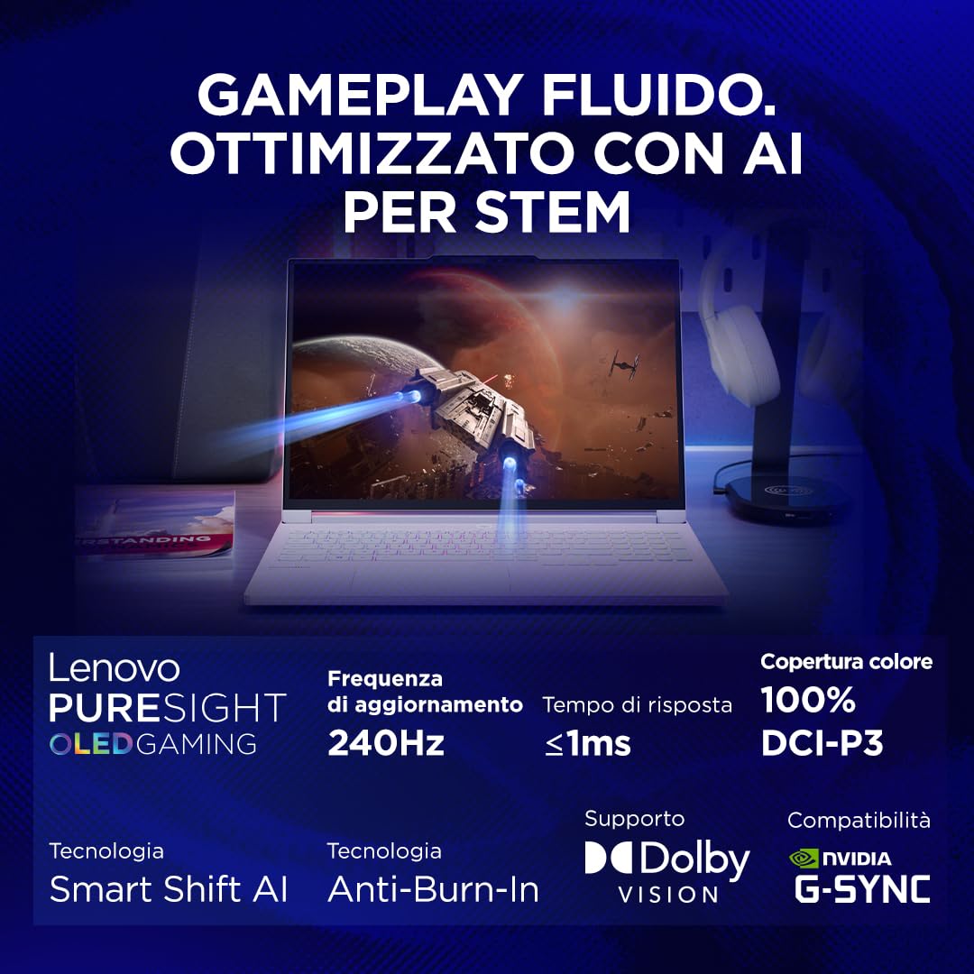 Lenovo Legion 7 Gaming Notebook OLED WQXGA 16" 240Hz, NVIDIA GeForce RTX 5060 8GB, Intel Core Ultra 7 255HX, RAM 32GB, SSD 1T, Windows 11 Home, Tastiera RGB - Laptop Gaming Premium Alte Prestazioni