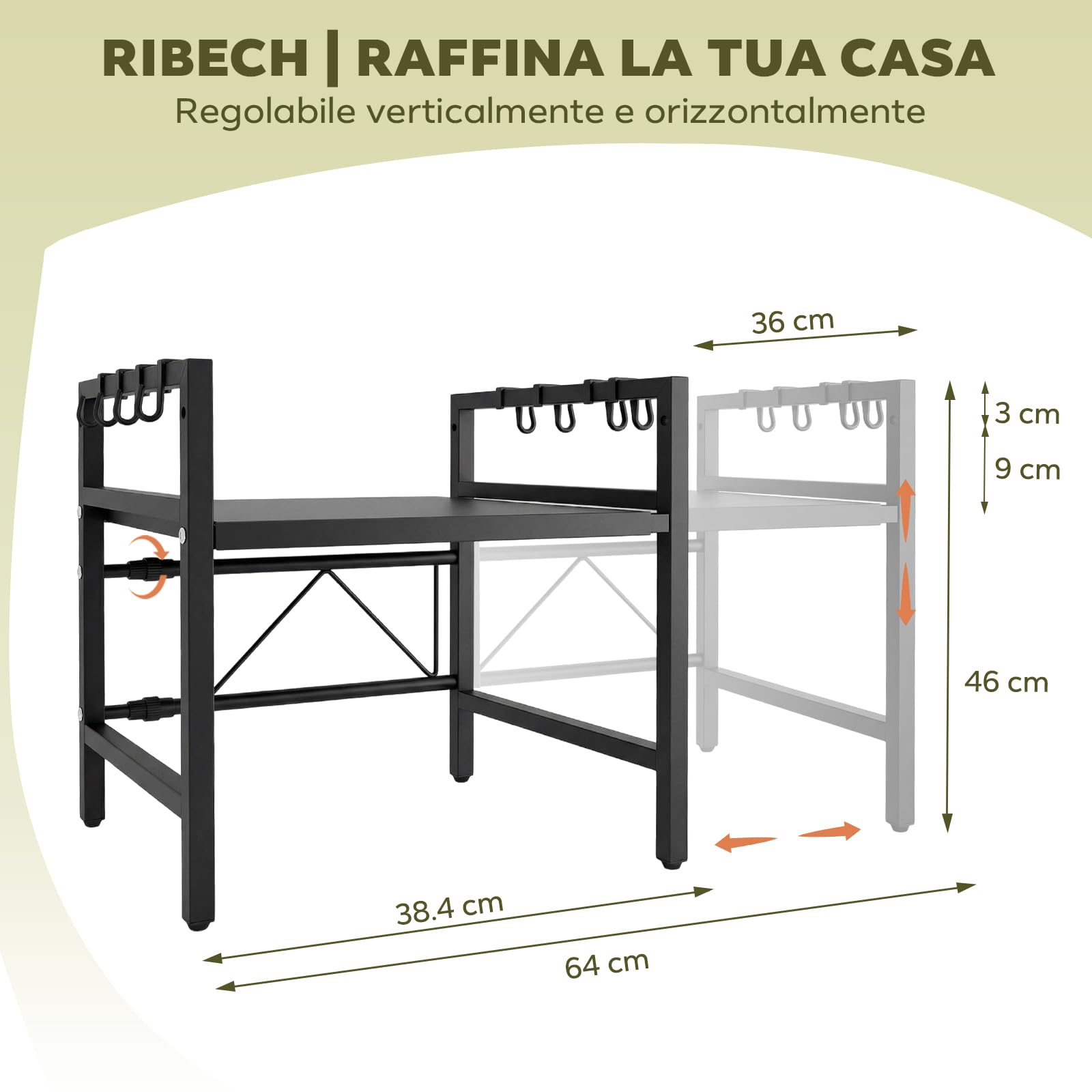 Supporto Regolabile per Microonde e Forno – Ripiani per Elettrodomestici da Cucina, con 8 Ganci per Spezie & Utensili, Antiruggine, Nero