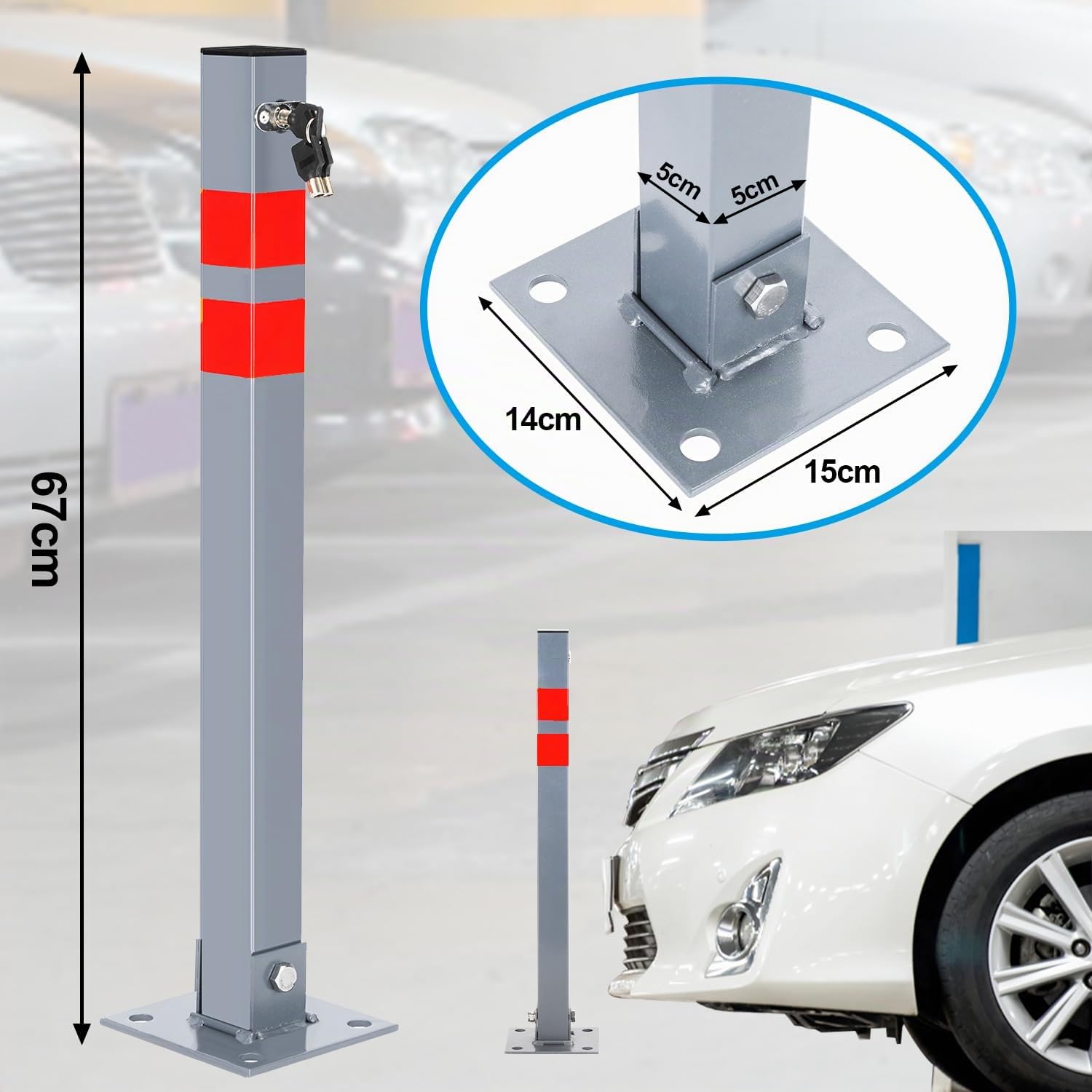 Eulenke 2 X Borne de parking pliante, poteaux de stationnement pliables, barrière de parking avec bandes d'avertissement, serrure poteau de clôture avec 6 clés, borne de parking en métal