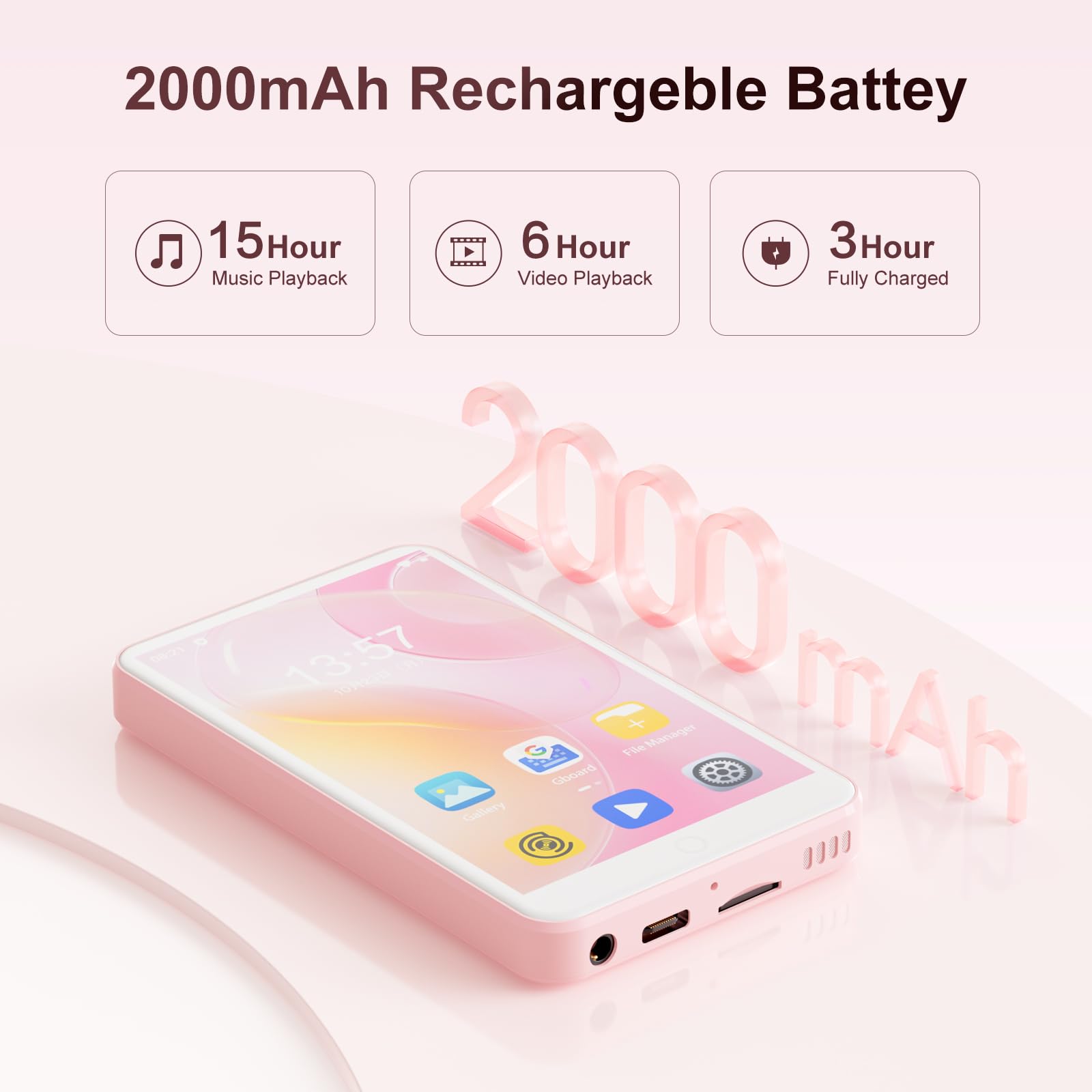 Reproductor de MP3 con Bluetooth y WiFi, Oilsky 80GB Portable MP3 Music Player con Spotify, Audible, Deezer, Reproductor MP4 de Pantalla Táctil 1080P de 4'', Android 9.0 (Rosa)
