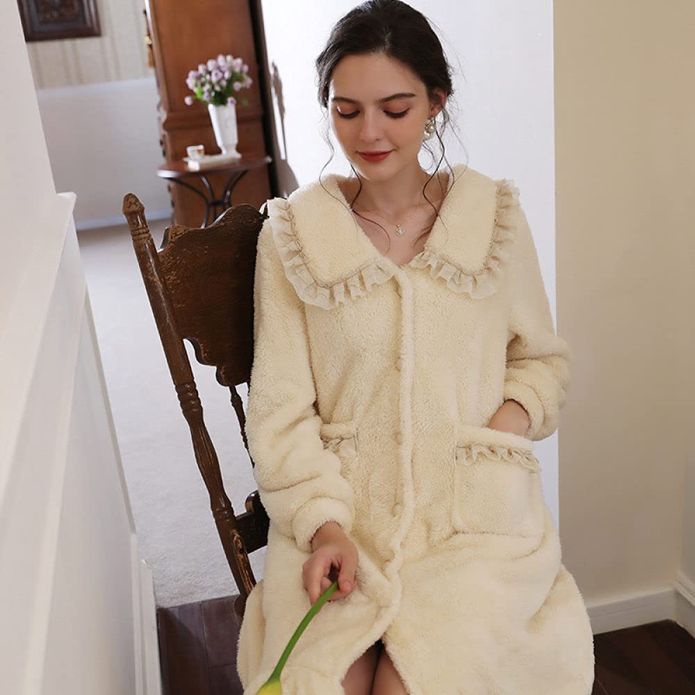 Mujer Camisón,Camisones De Mujer De Manga Larga Botón De Albaricoque De Moda Espesar Camisón De Franela Suave Cuello De Solapa Suelto Bata Informal Camisón Largo Ropa De Hogar De Invierno