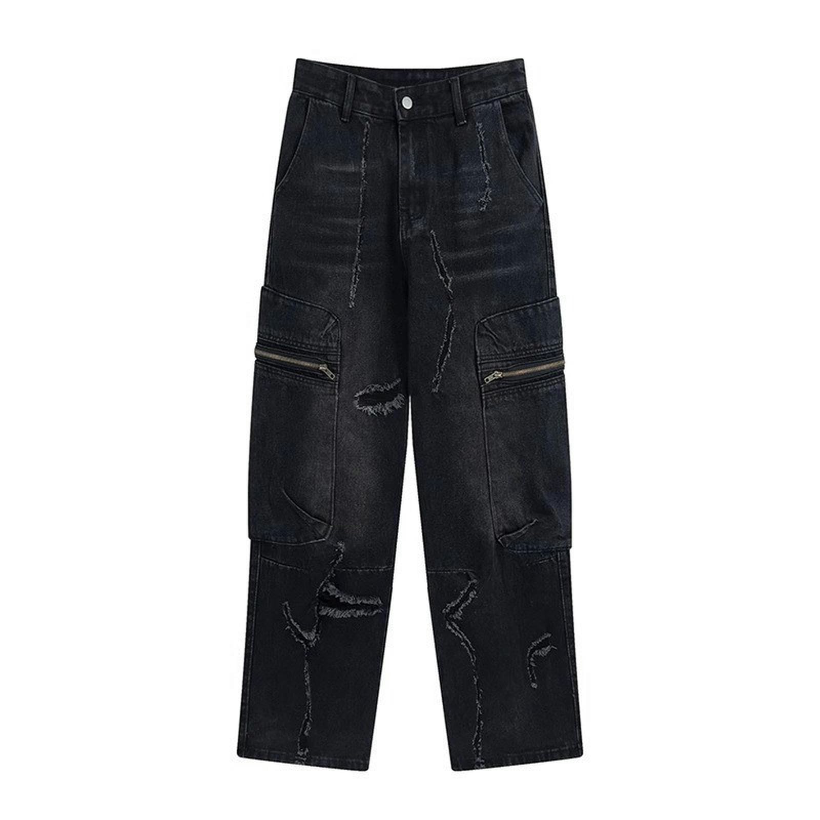 Jeans Strappati High Street da Uomo, Pantaloni Dritti con Cerniera - Nero - XL