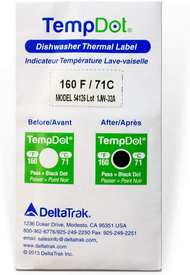 DeltaTrak Stick On Dishwasher Thermometer Strips TempDot High Temperature Dishwasher Sanitization Thermal Labels, 144 Labels Per Pack 54126