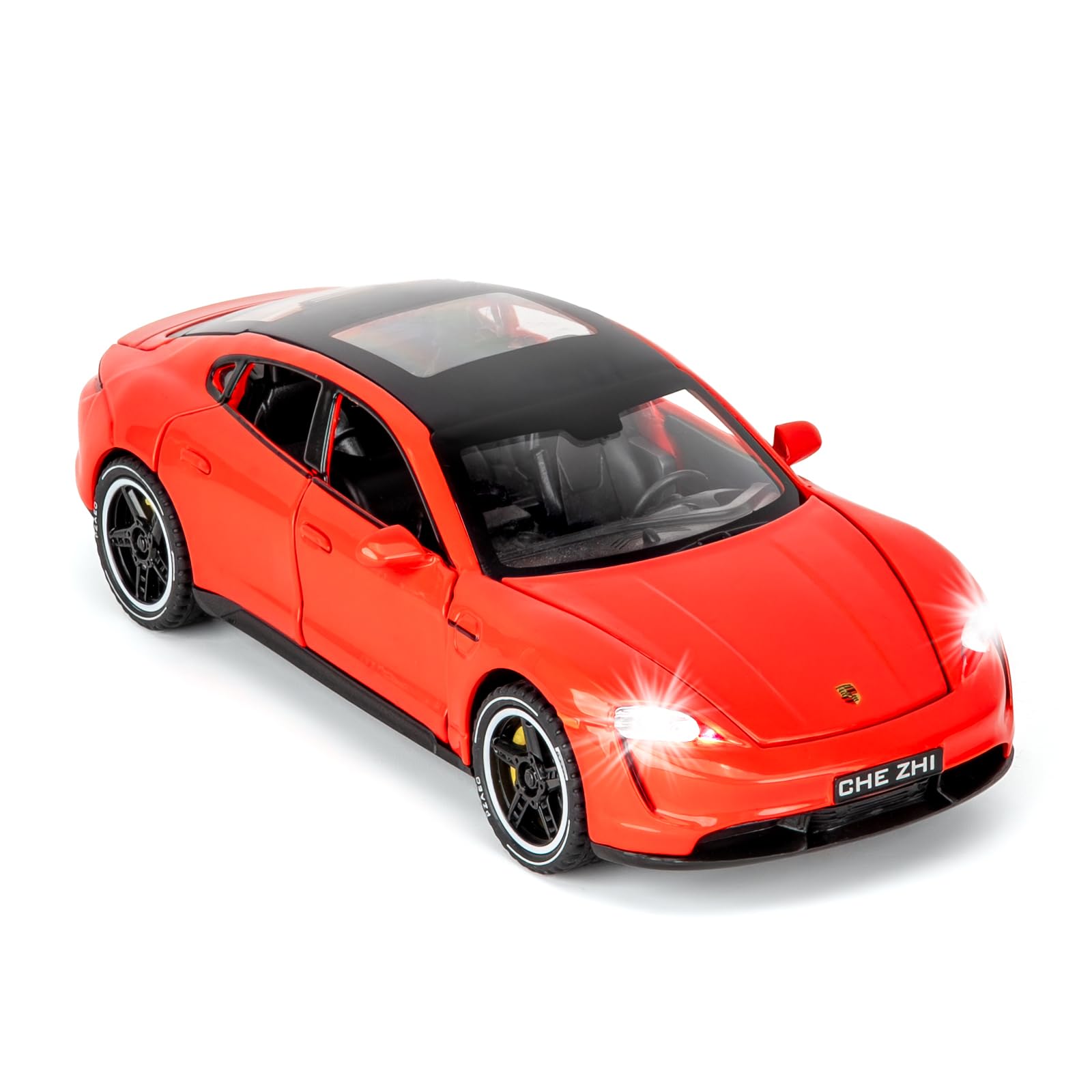 BGHSCA 1/32 Scale Porsche Taycan Diecast Model Car,Zinc Alloy Pull Back Toy Vehicles with Sound and Light for Kids 3+ Years Old Gift(Red)