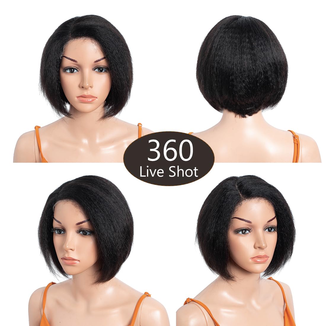 8 Inch Yaki Straight Glueless Wigs 5" Lace Human Hair Pre-Cut/Plucked Undetectable HD Lace Wig Ready to Go Lace Bob Wig Kinky Straight 150 Density Natural Black Color - Image 2