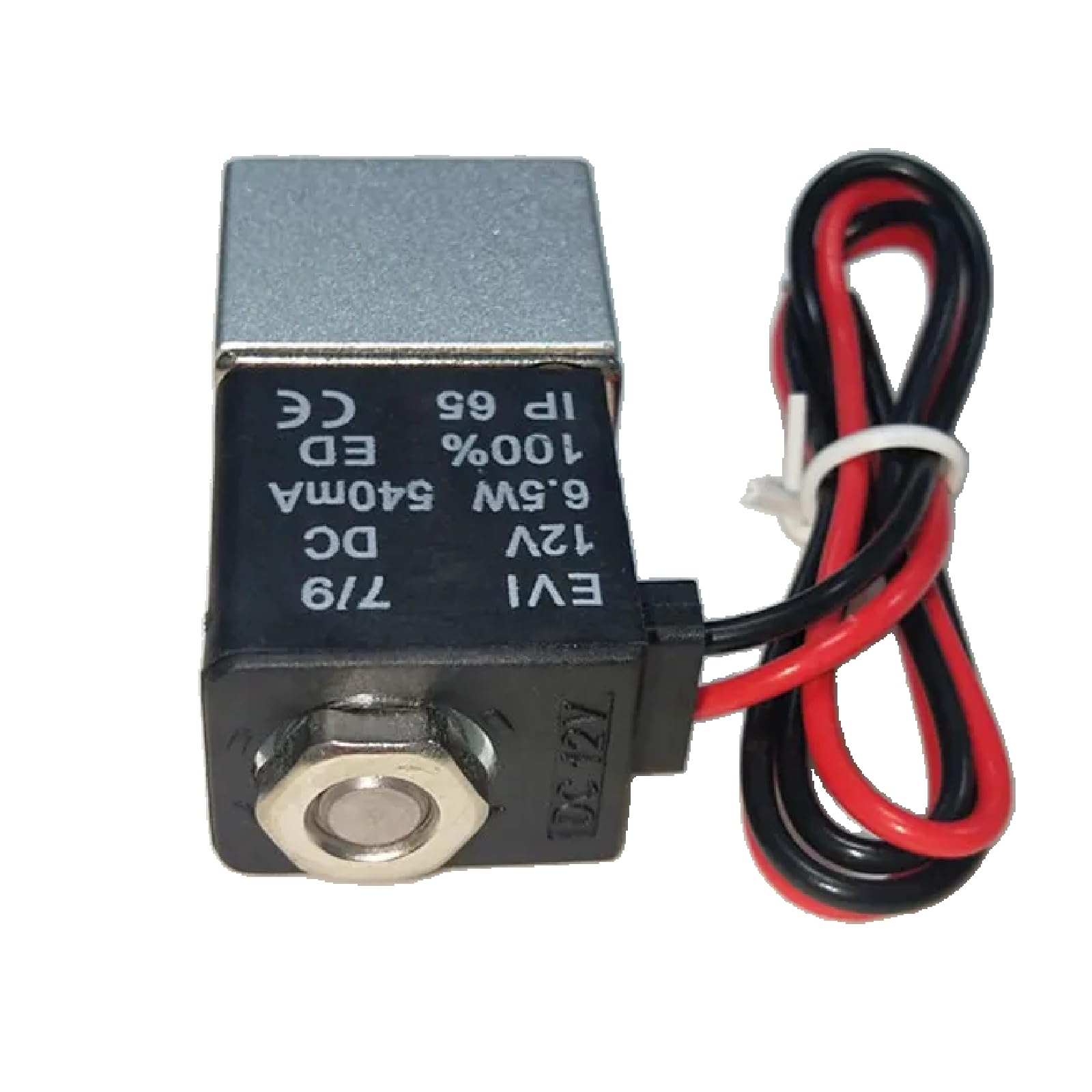EVI 7/9 Magnetventil, 12 V Gleichstrom, direkt wirkend, 2-Wege normalerweise geschlossen, IP65 bewertet für Wasser-Luftgas, 6,5 W 540 mA, Schwarz mit roter Verkabelung (1/8 Zoll DC 24 V)