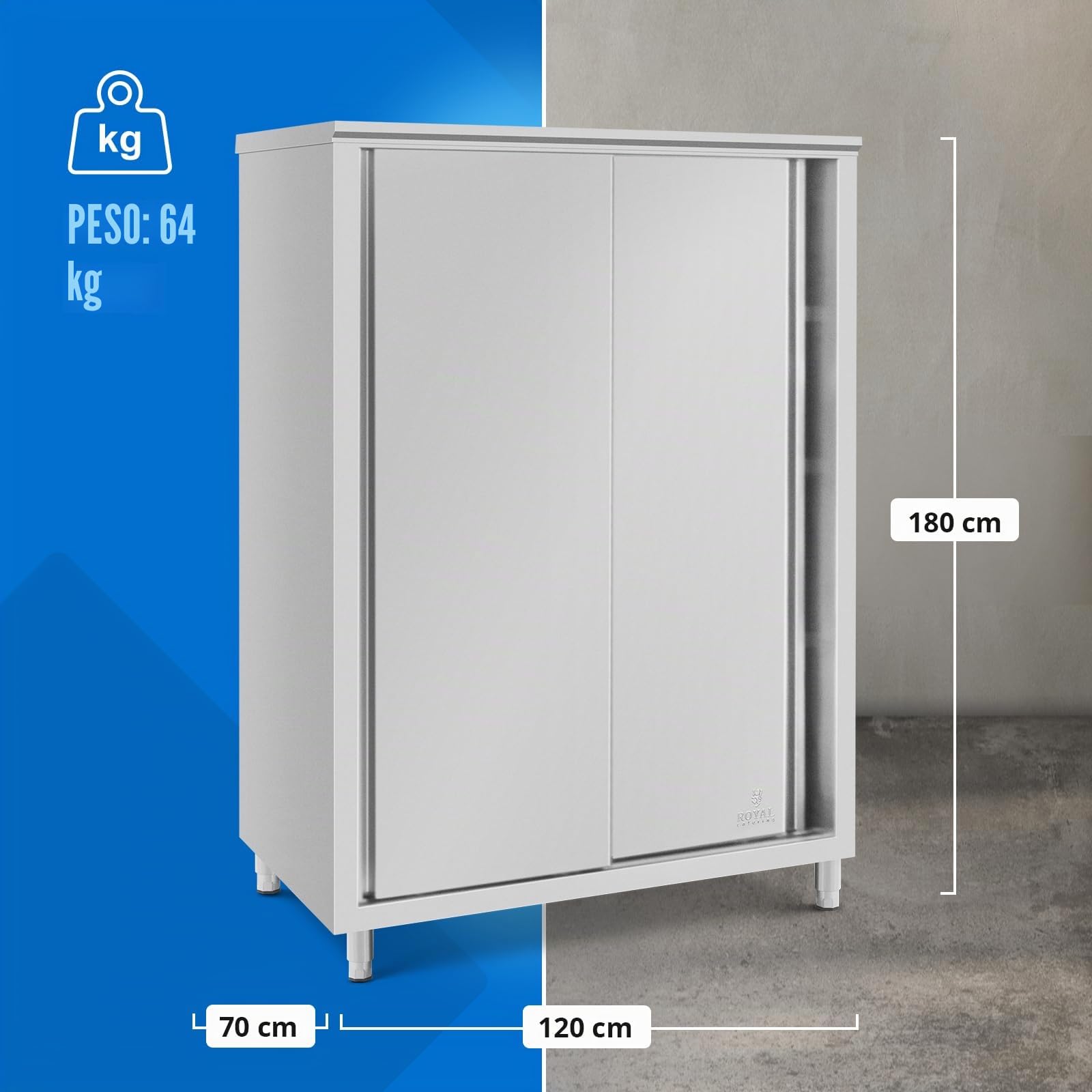 Royal Catering Armario para vajilla de acero inoxidable, 120 x 70 x 180 cm, 3 compartimentos, 2 cajones, fácil montaje, patas ajustables en altura, armario alto