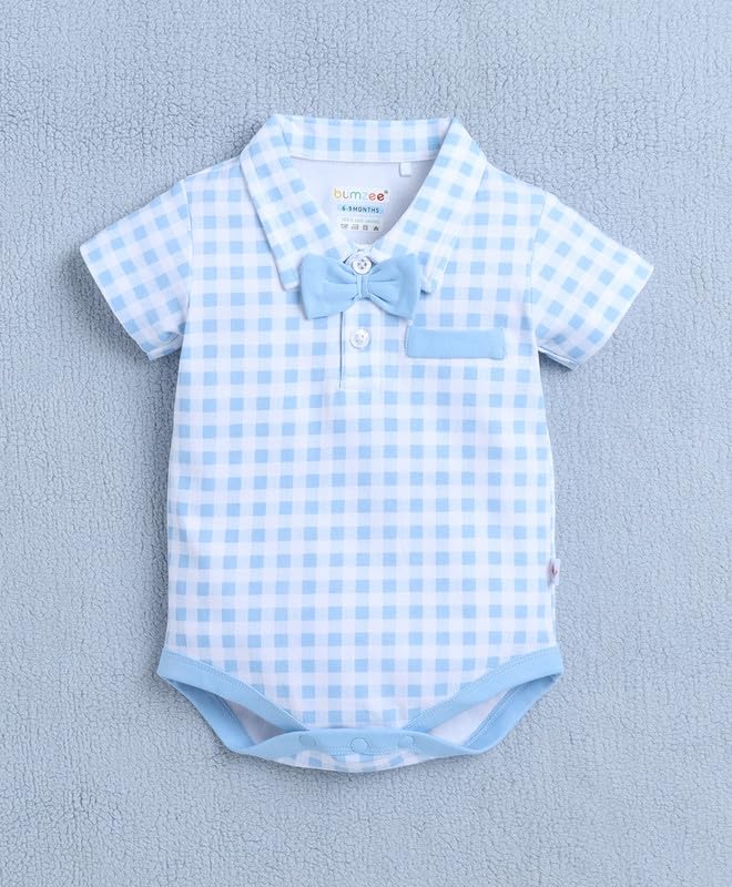 Image of BUMZEE Baby Boys Regular Fit Half Sleeves Collar Neck Cotton Bodysuit & Short Set With Bow Suspender & Cap