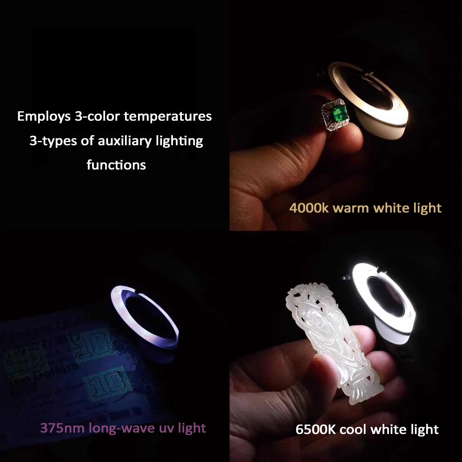 Beleuchtete Schmucklupe, 10–30-fache HD-Schmucklupe mit Licht, ringförmige Lupe mit DREI Quellen, 375 nm UV-Lampe/4000 K warmes Licht/6500 K weiße Lampe, zur Identifizierung(15x)