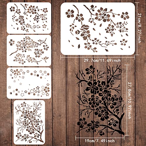 FINGERINSPIRE 4 Pcs Cherry Blossoms Stencils 29.7x21cm Cherry Blossom Branch Stencils Plastic Floral Flower Pattern Stencils Sets DIY Home Decor Stencil for Painting on Wood Floor Wall - Image 2