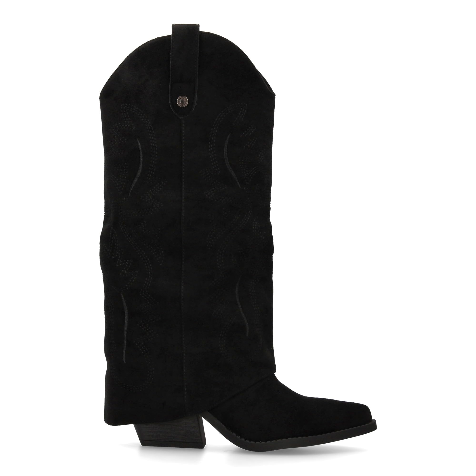 Bota para Mujer Estilo Cowboy, acabada en Punta y con Grabados Bordados en la Cana. Tacon Cubano y Cierre de Cremallera. Ideal Otono Invierno.