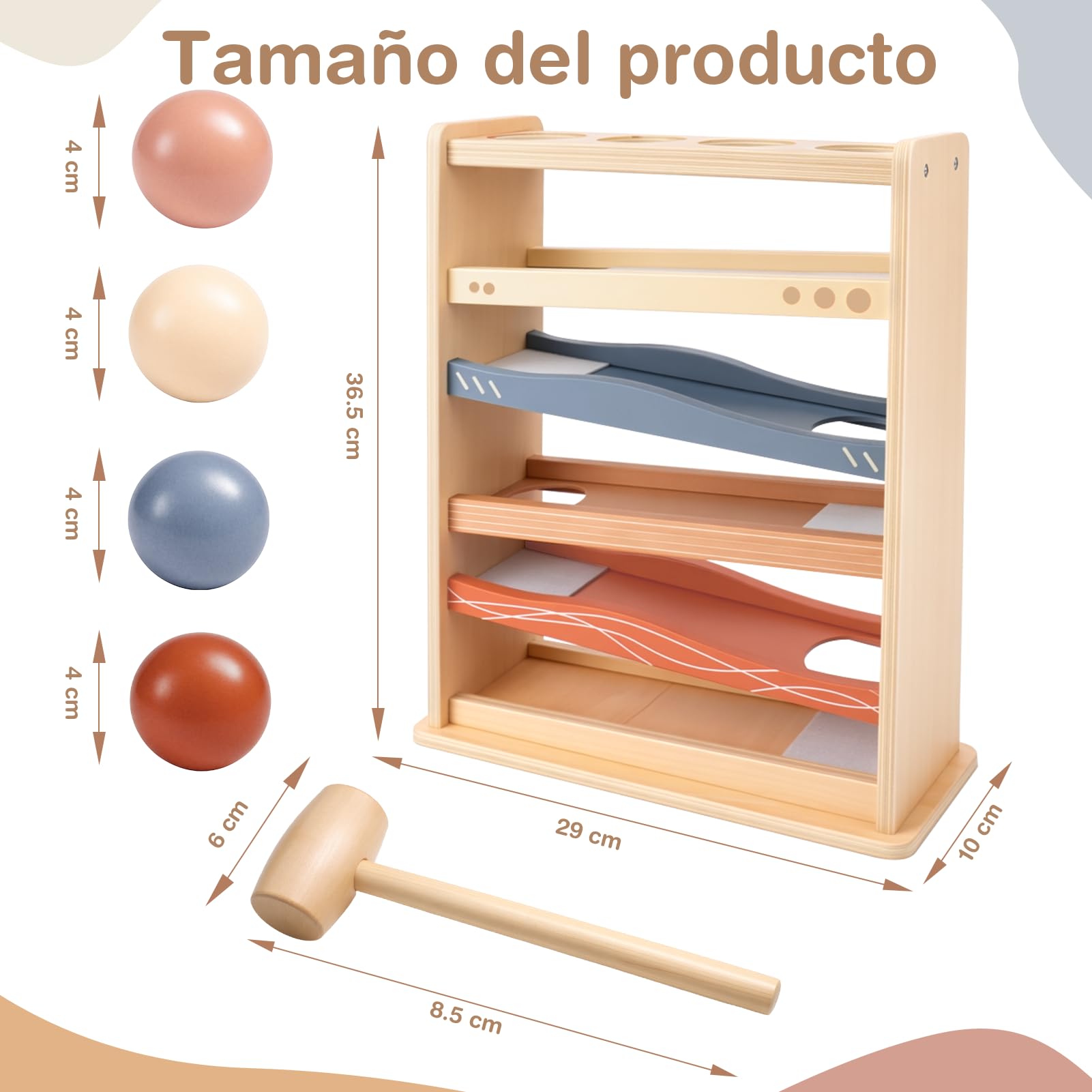 Vanplay Circuito de bolas de madera juguete Montessori desde 1 año, Juego de martillo con 4 bolas y martillo de madera, Sin montaje, Regalo para niños y niñas de 1‑4 años