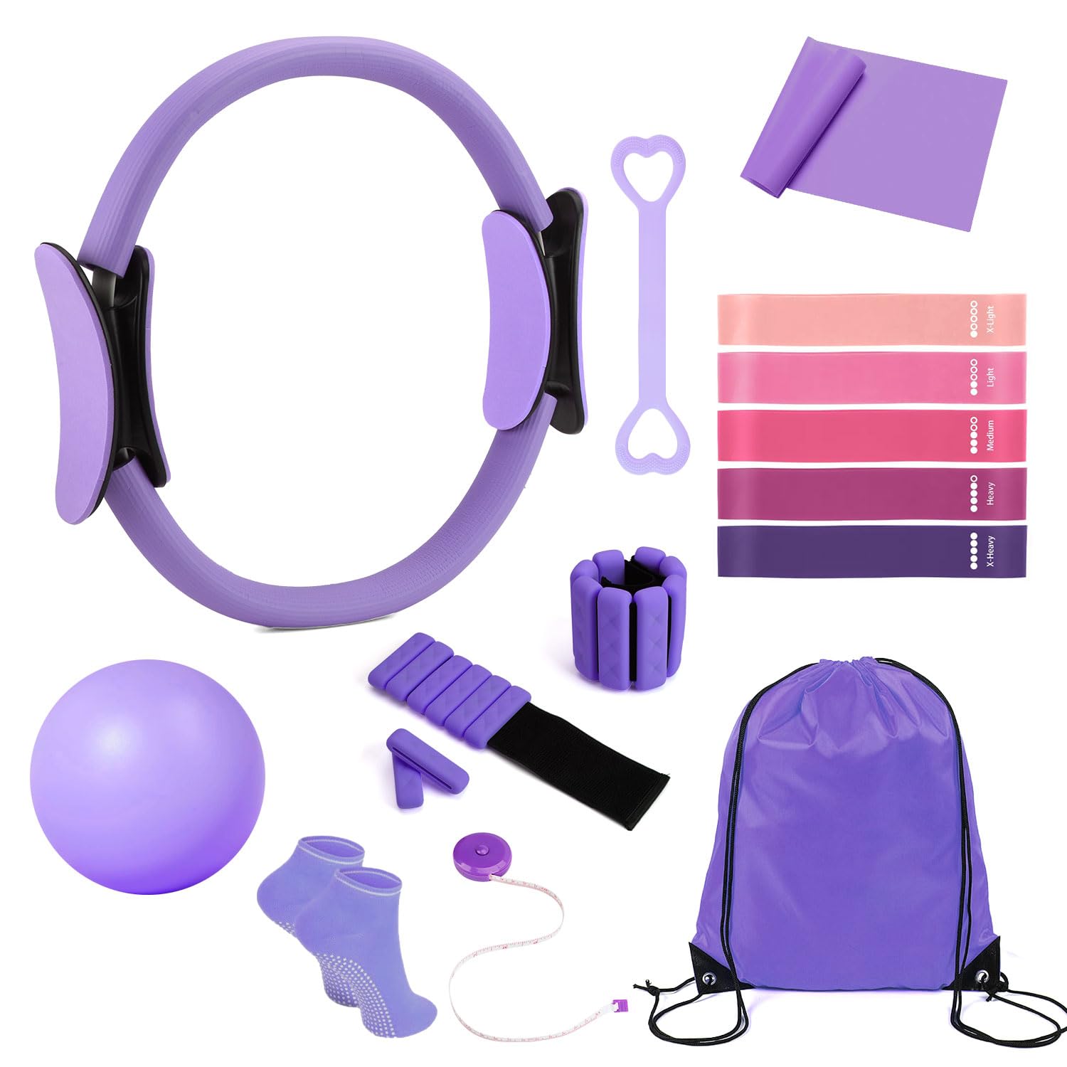 Pilates Set für Zuhause , 14PCS Pilates Set Fitness Zubehör Set mit Pilatesring, Yogaball, Widerstandsbändern, Fußmassagesocken, Verstellbare Gewichtsbinde Maßband für Training Zuhause, Yoga, Bein