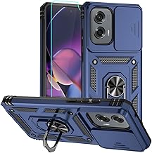 For Moto G Stylus 5G 2024 Case, Silicone Rubber Bumper Hard Plastic Phone Case with Sliding Camera Lens Cover+360° Rotatable Kickstand Ring+HD Screen Protector for Motorola G Stylus 5G 2024 Blue