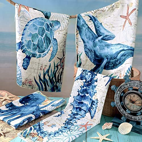 4 Pcs Beach Kitchen Towels Beach Themed Decor For Home Beach Accessories Hand Towels Tea Towels For Kitchen Housewarming Gift For New Home, Blue Coastal Kitchen Towels (Dark Blue, Ocean Animal) #TOP5