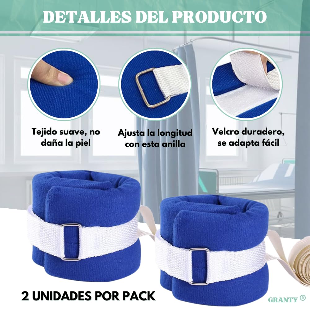 GRANTY DISEÑO REFORZADO Correas de Sujección Muñeca y Tobillos para Atar en Cama Hospital, Muñequera para Atar enfermos, 2 Correas de Sujección para manos