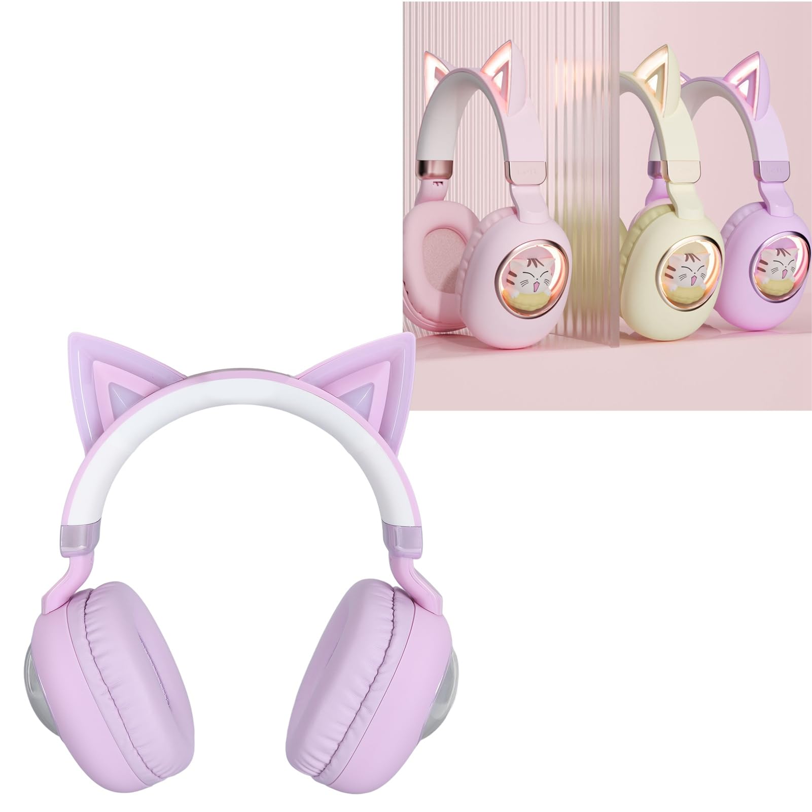 RGB -Bluetooth-Kopfhörer, HiFi-Stereo-Headset, 20 Stunden Spielzeit mit Mikrofon für Schul-Laptop, Leichte Katzenohr-Kopfhörer für (Purple)