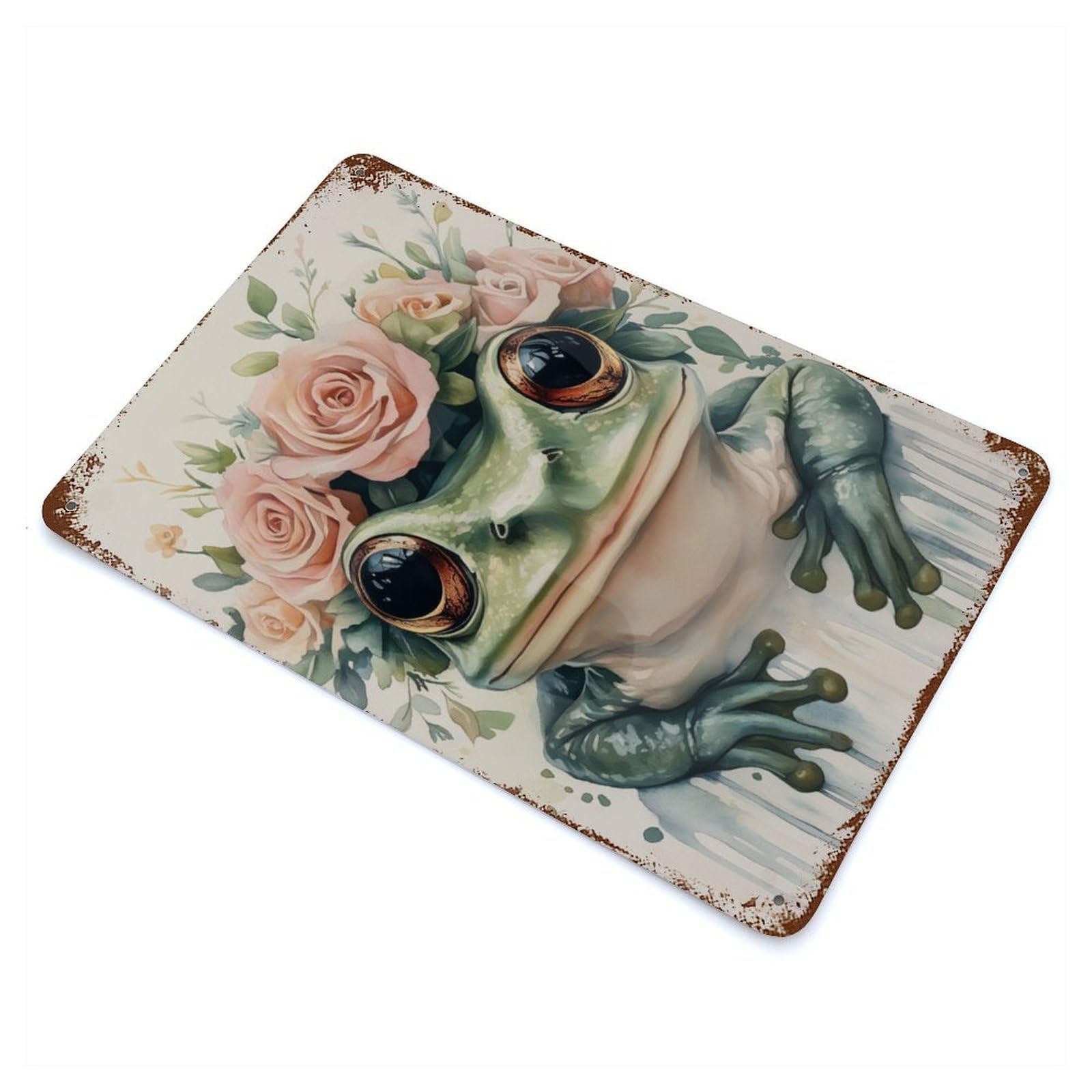 Frog with Flower Crown 11.8"x7.9" Decorative Tin Sign, Classic Wall Plaque for Cafe, Home Bar And Lounge Decor