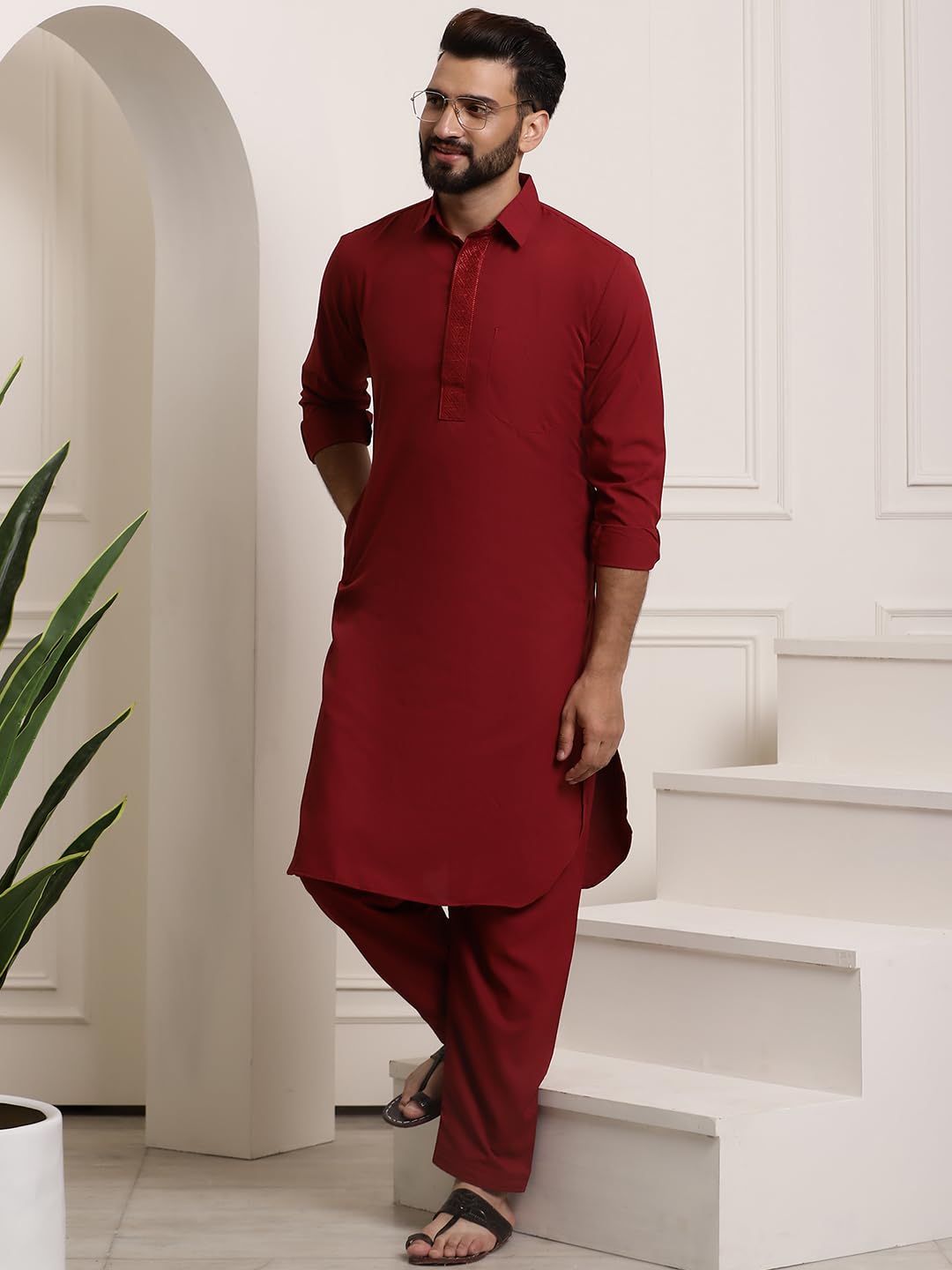 Sojanya (Since 1958 Men's Cotton Maroon Pathani Kurta Salwar Set