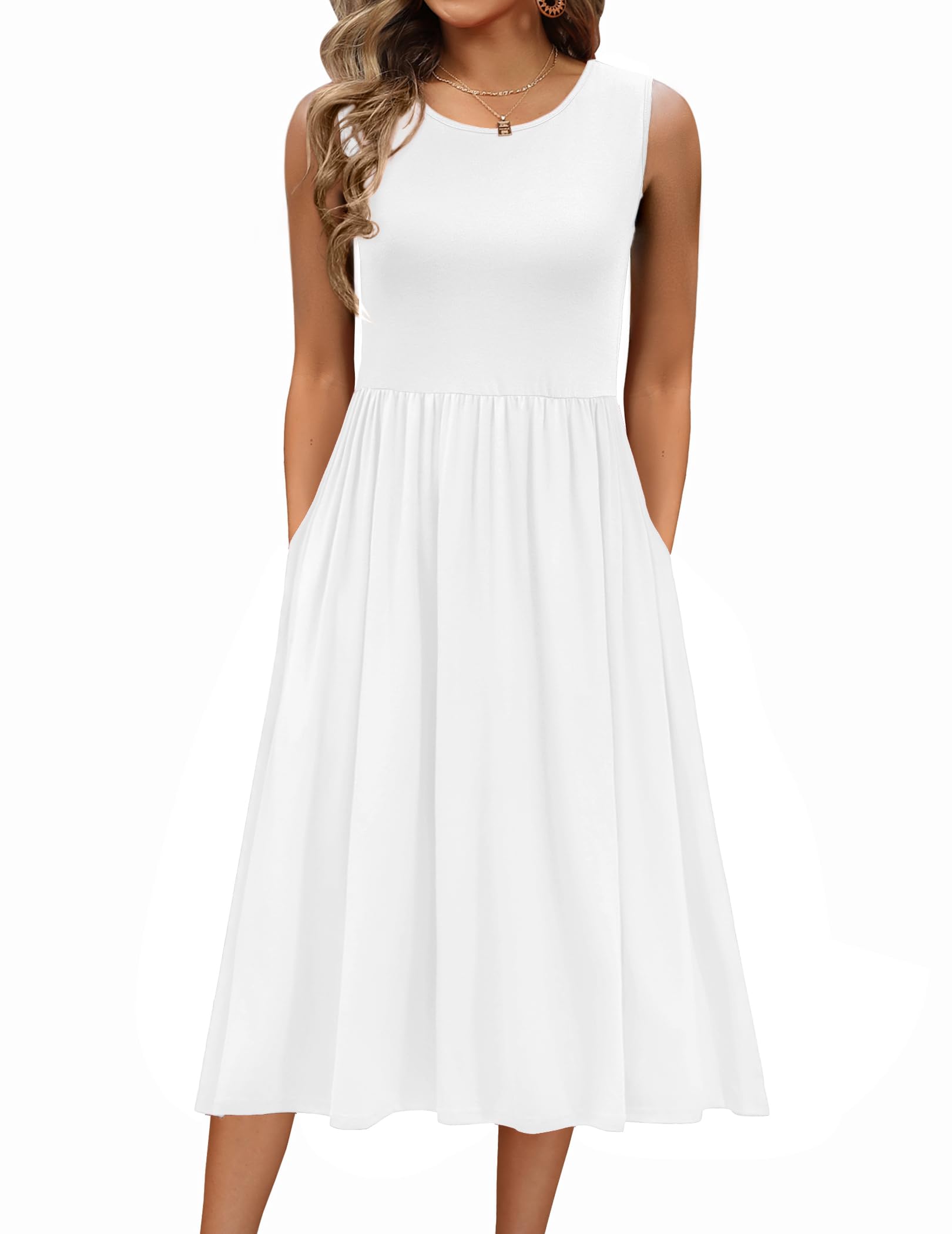 Zeagoo Sommerkleid Damen Ärmelloses Rundhals Freizeitkleider Elegant A Linie Strandkleid Lässige Tank Kleid mit Taschen S-XXL