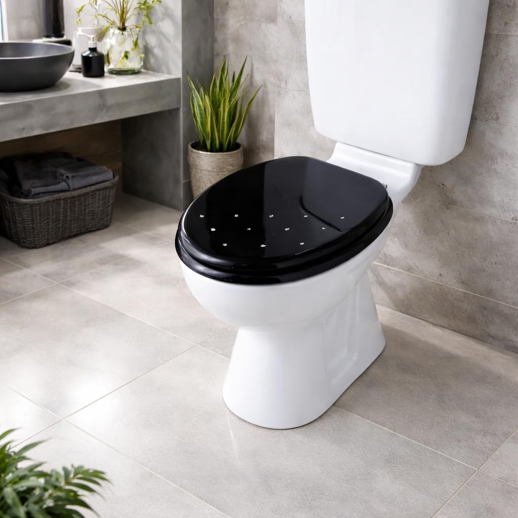 Yorkshire Homeware 18" Wooden Toilet Seats | MDF Wood Oval Toilet Seats with Bottom Fixings | Toilet Seat with Quick Close with Adjustable Hinges (Diamante Toilet Seat Black)