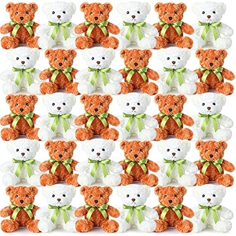 Hungdao 30 Pcs Valentine's Day Plush Bears Bulk Stuffed Bear Animals 10 Inch Cute Soft Bears Toys Gifts with Ribbon Shaggy Bear for Birthday Gift Baby Shower Decor DIY Gift, White, Light Brown Cover
