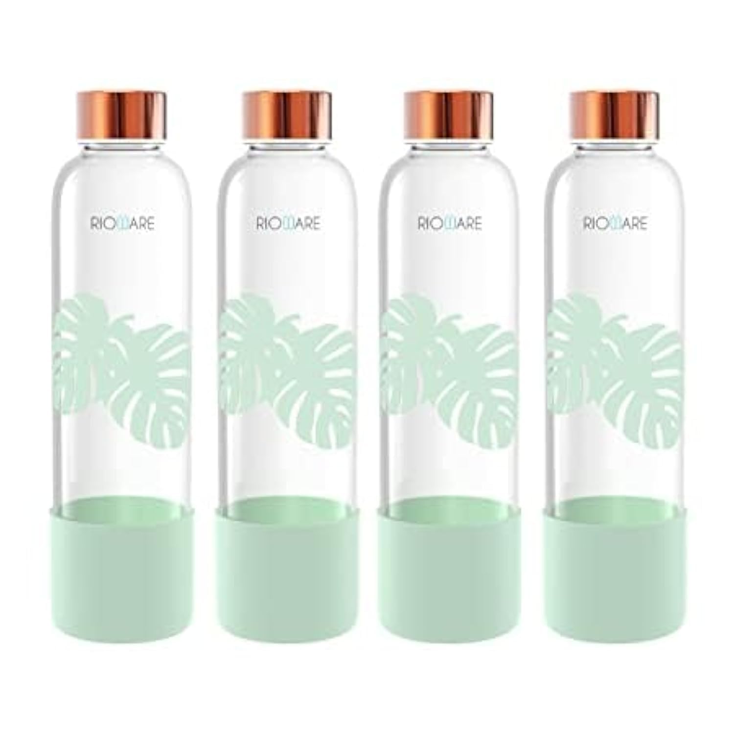 Rioware Purifa Borosilicate Glass Water Bottle With Silicon Sleeve (750Ml) | Airtight Lid | Leak Proof | Silicon Cap | Fridge Water Bottles For Home, Office & Gym -Pack Of 04(Green)