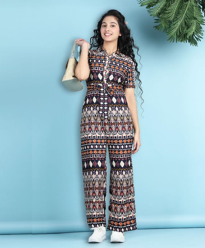 Image of Girls Stylish Floral Print Embellished Jumpsuit | Lightweight & Comfortable Fabric | Jumpsuit for Kids | Ideal for Casual & Outings