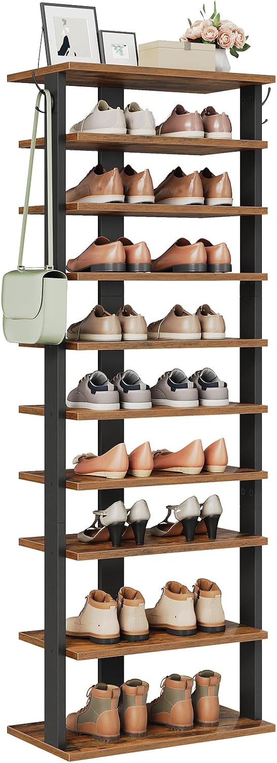 HOOBRO 10 Tiers Vertical Shoe Rack, Wooden Shoe Storage Organizer with Hooks, Narrow Shoe Tower for 20 Pairs, Space Saving, for Entryway, Living Room, Bedroom, Rustic Brown FG140XJ01
