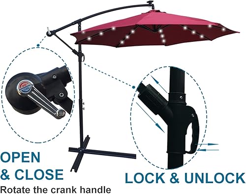 Miniatura 5 de Paraguas voladizo de 10 pies para colgar en el patio al aire libre con base cruzada, luz LED solar, sombrilla de patio para jardín, terraza, patio