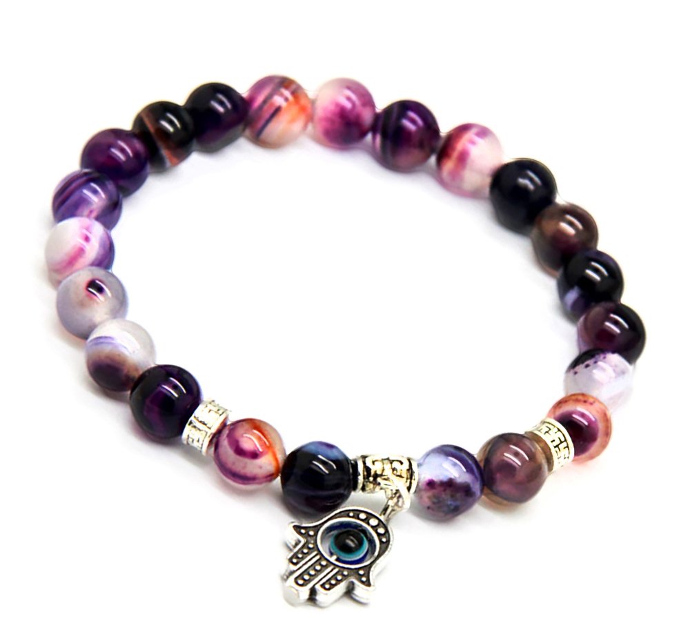 Purple Agate Stone Bracelet with Silver Color Hamsa (Hand of Fatima) Yoga Charm