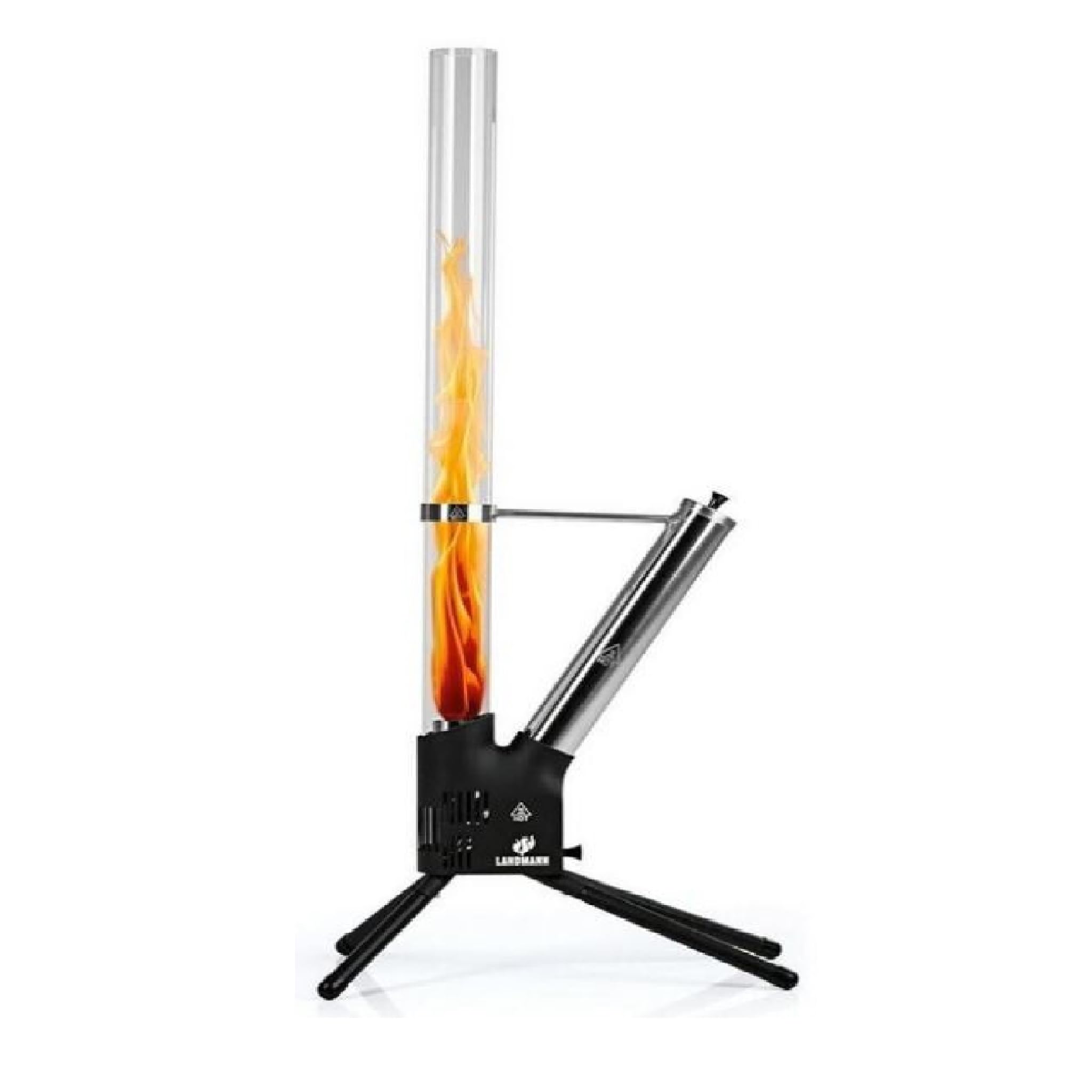 Feuersäule Schwarz/Silber – Outdoor Pellet Feuerstelle 126,5 cm mit Borosilikat-Glasrohr, raucharm, bis 75 Min. Brenndauer, Edelstahl & Aluminium für Garten und Terrasse