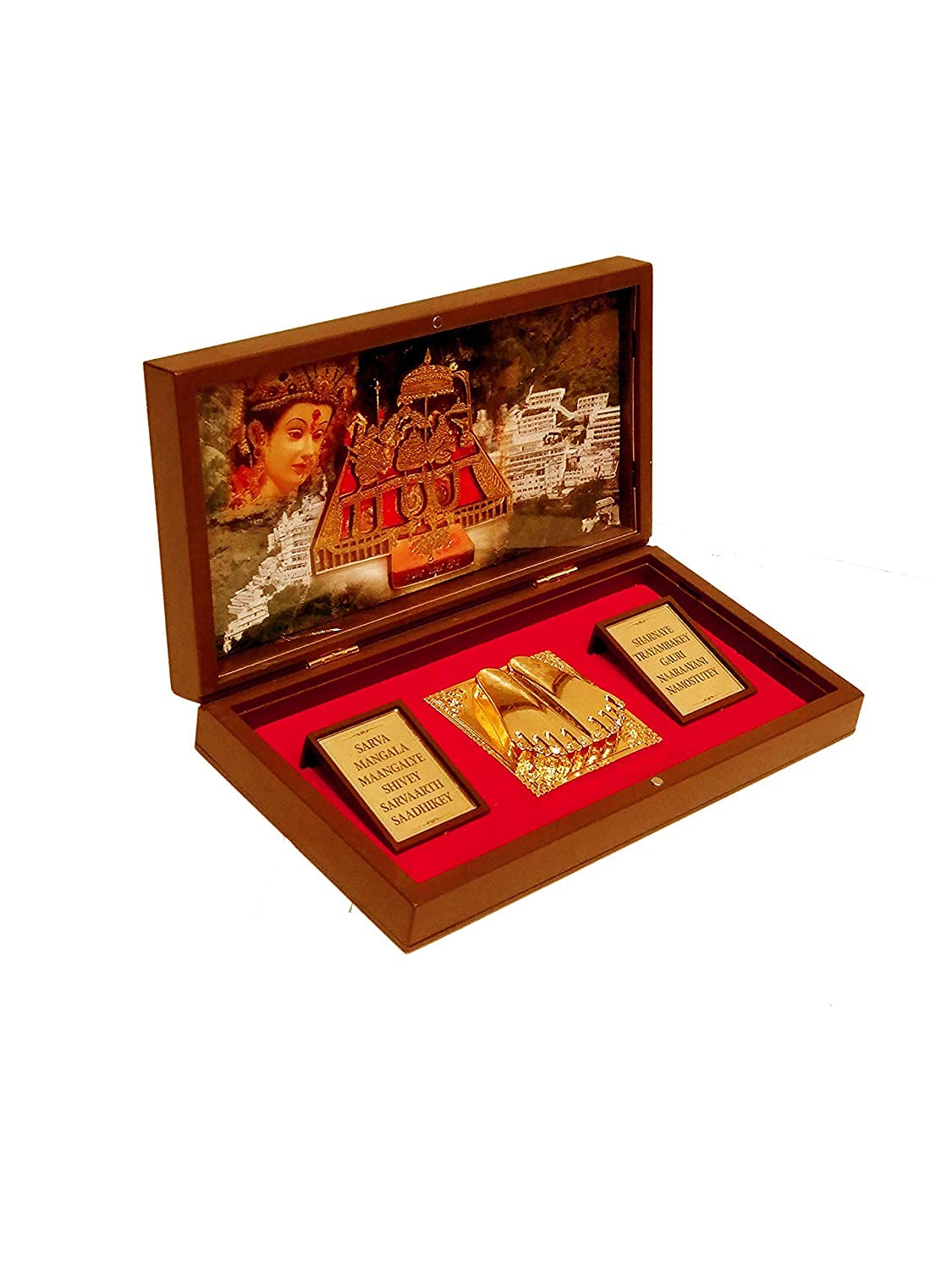 Vaishno Devi Wooden Box with Chandan Fragrance Gold Plated Charanpaduka