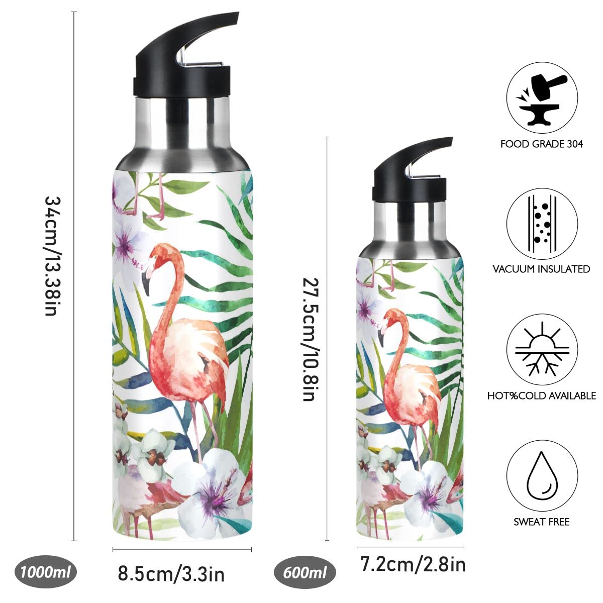 Edelstahl Wasserflasche mit Strohhalm, Regenwaldblatt Blume Flamingos Isolierte Trinkflasche Sport Wasserflasche für Kinder Erwachsene, auslaufsicher, 1L