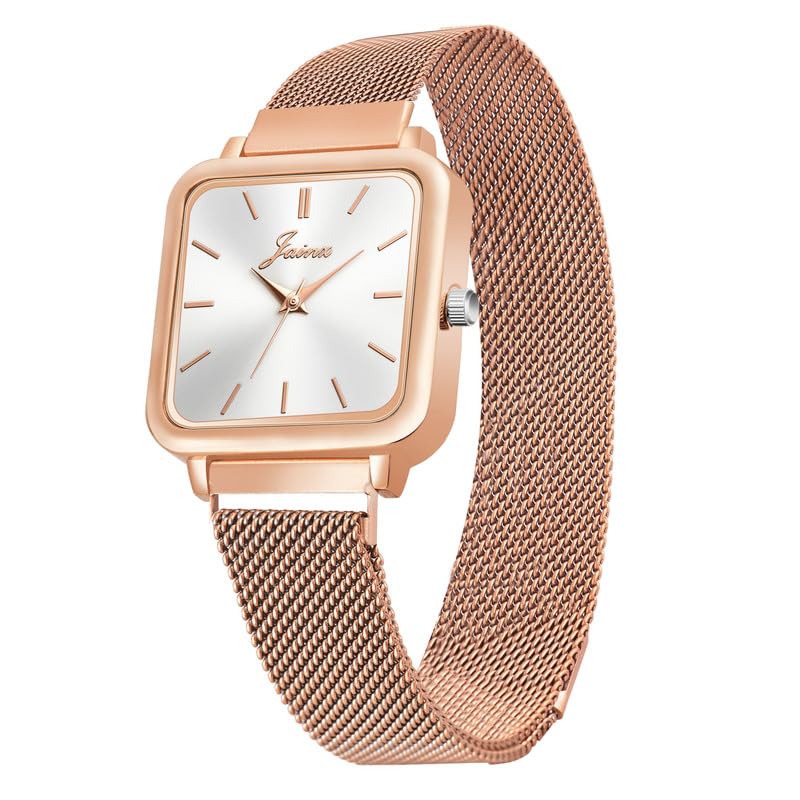 Image of jainx Square Dial Rose Gold Mesh Chain Analog Wrist Watch for Women (Rose Gold /Brown /Black /Silver /Green Color Dial)