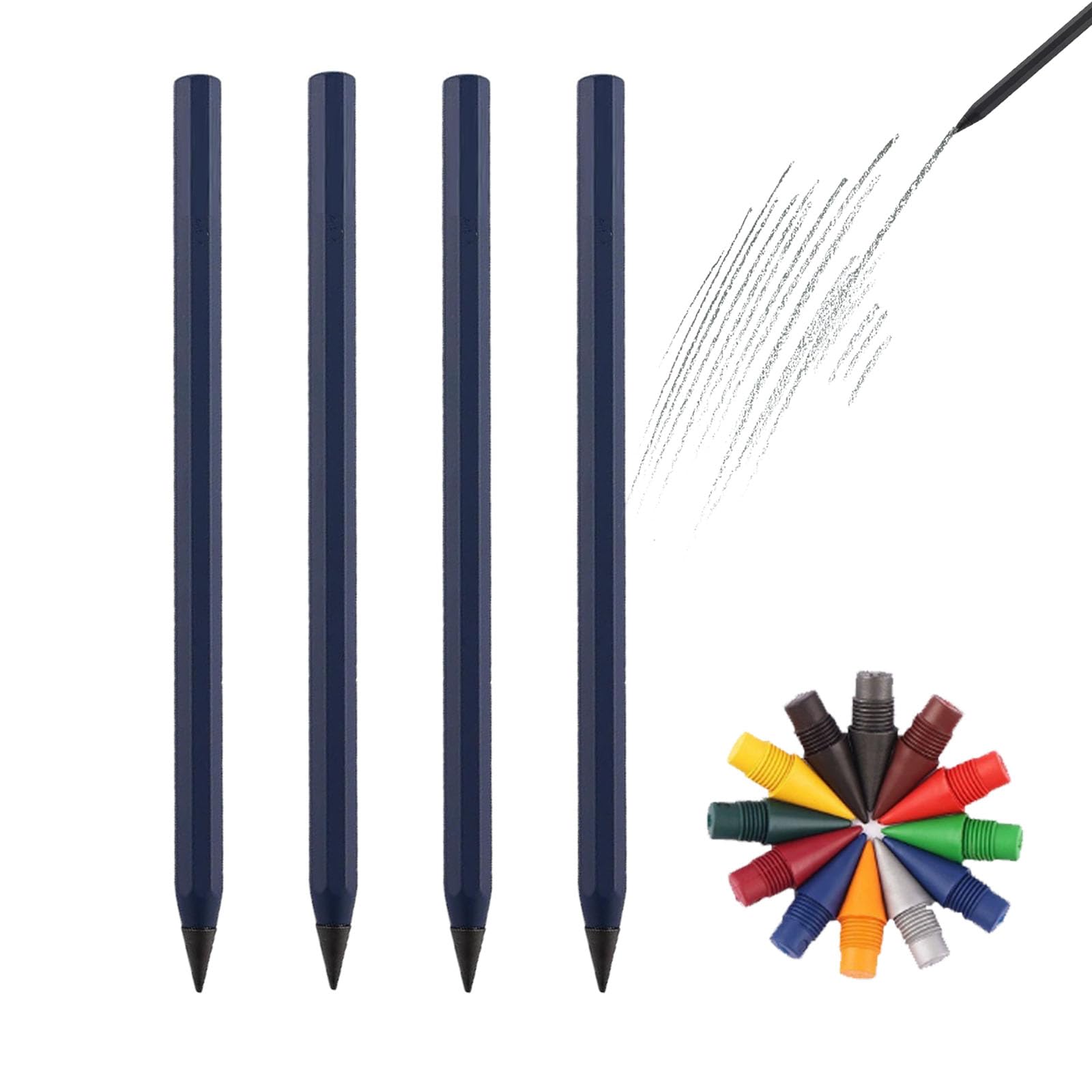 Forever Pencil,Metal Infinity Pencil with Replaceable Nib, Metal Alloy Writing Instrument, With 12 Colored Refill Tips, Pencils for Drawing, Sketching and Writing (4pcs-Dark Blue+Colored Pen Tip)