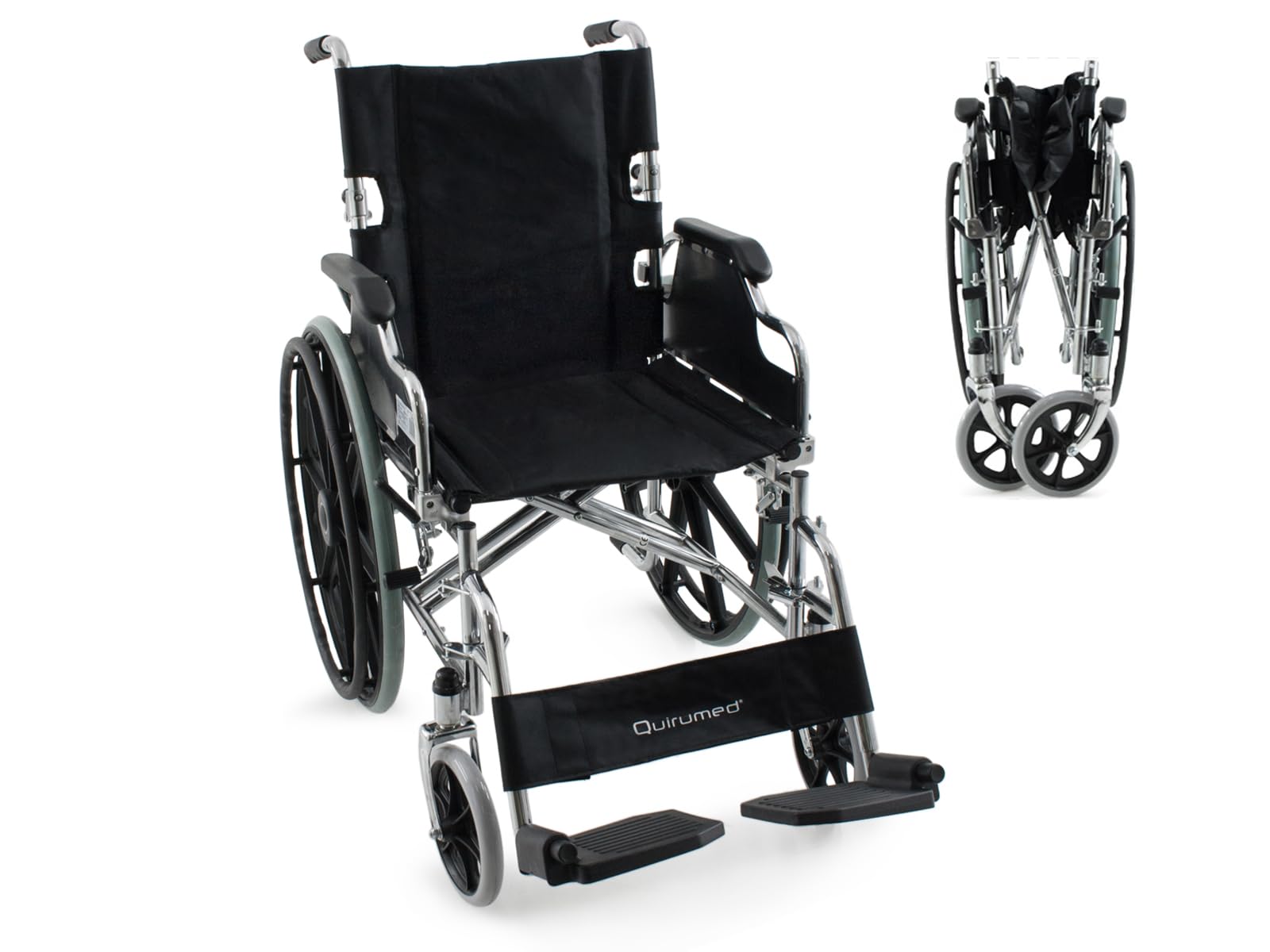 Silla de Ruedas Plegable PRO de Acero Cromado | Reposabrazos Abatibles y Reposapiés Desmontables | Respaldo Plegable | Frenos Manuales | Hasta 125 kg