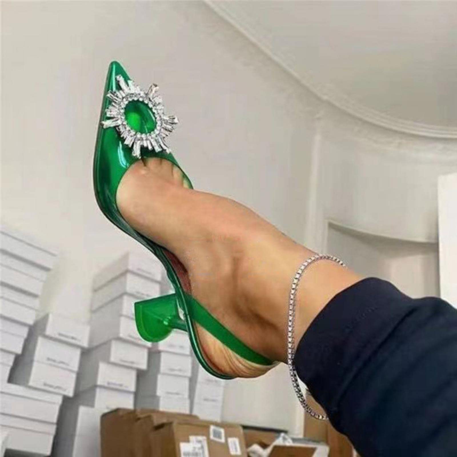 Choux Women's Green Pointed Transparent Sandals Summer New Rhinestone Sexy Baotou Jelly Banquet High Heels Large Size-,42
