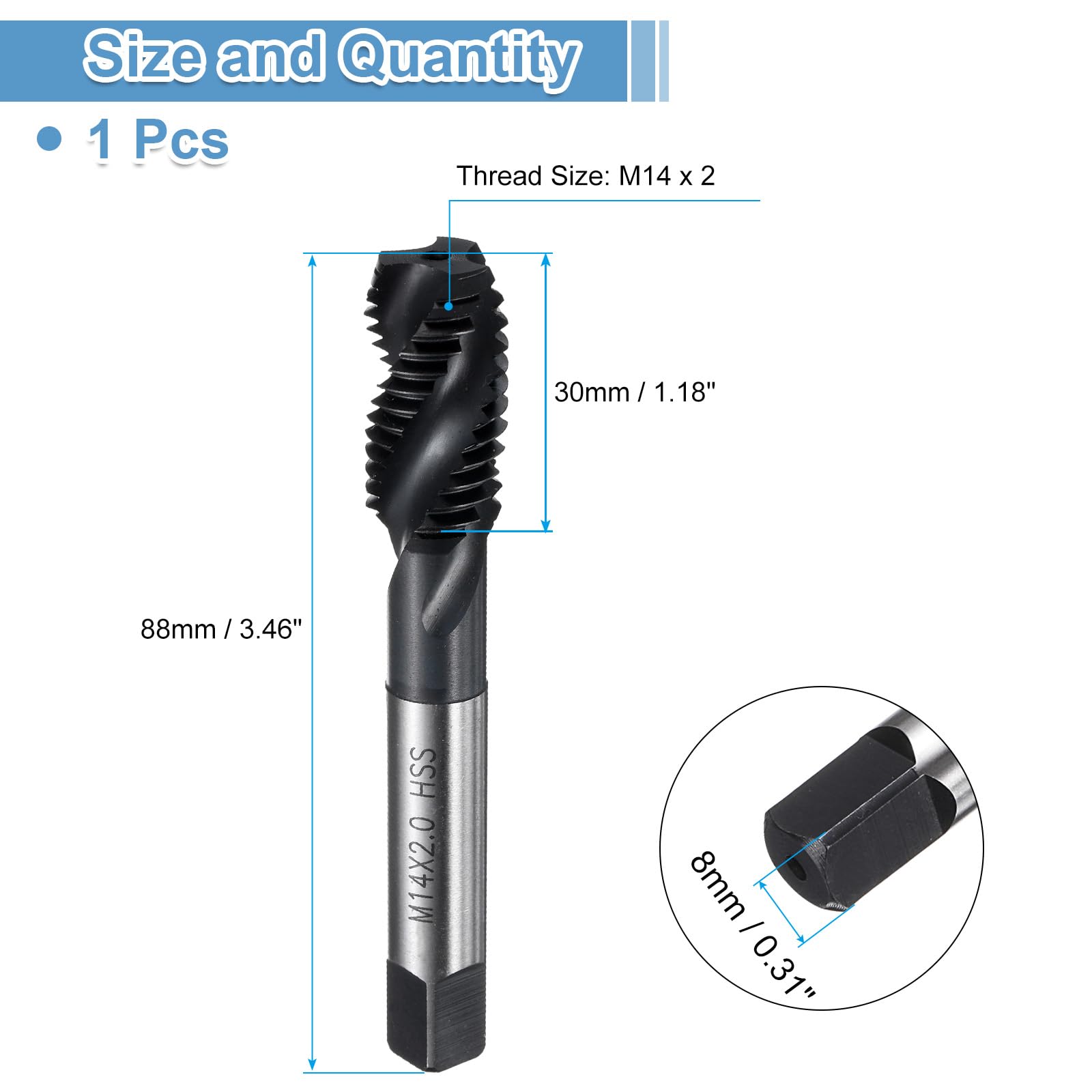 QUARKZMAN Maschio A Spirale M14 x 2 H2 per filettatura metrica, utensile per riparazione filettatura con rivestimento nitruro, Acciaio Rapido (HSS) M2