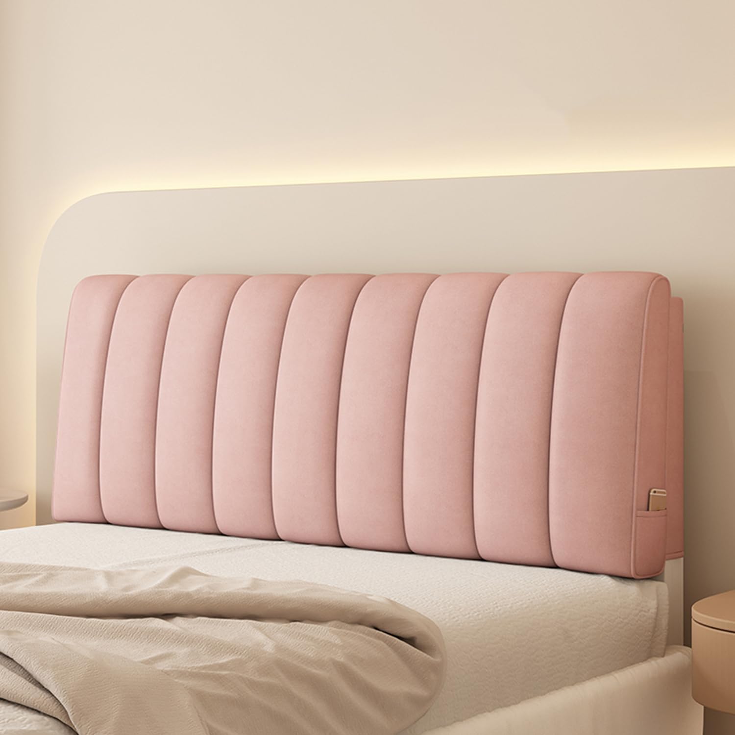 Quilted Wedge-shaped Headboard Wall Mount Double Bed with Removable Cover and Pink Strap Support Backrest for Bedroom, Dormitory or Bunk Bed, Large Pillow for