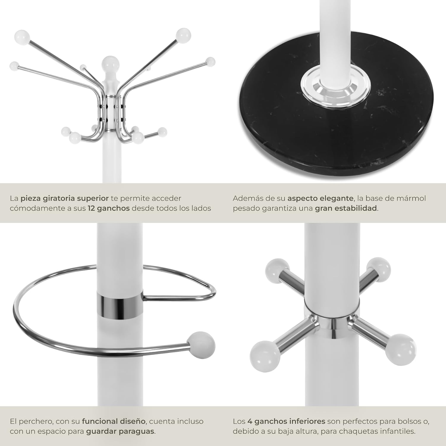 Close-up of the coat rack's hooks, base, and umbrella stand