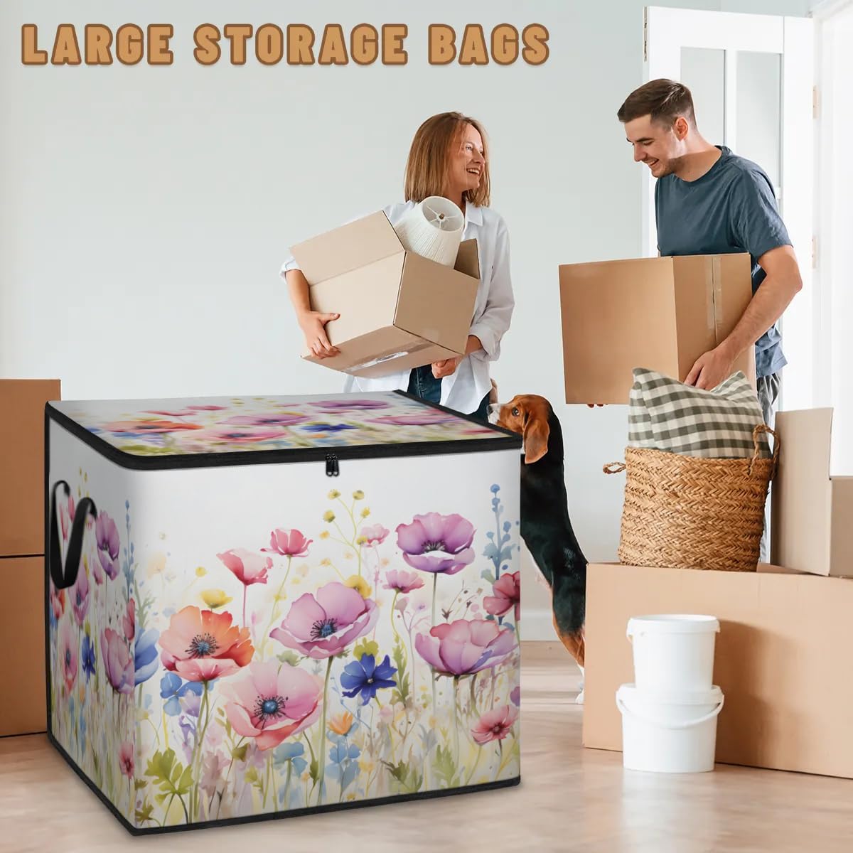 Honeybaby 214L Extra Large Comforter Storage Bag Poppy Lavender Spring Storage Totes with Lids Waterproof Closet Organizer Folding Blanket Storage Bags for Clothes Bedding Pillows