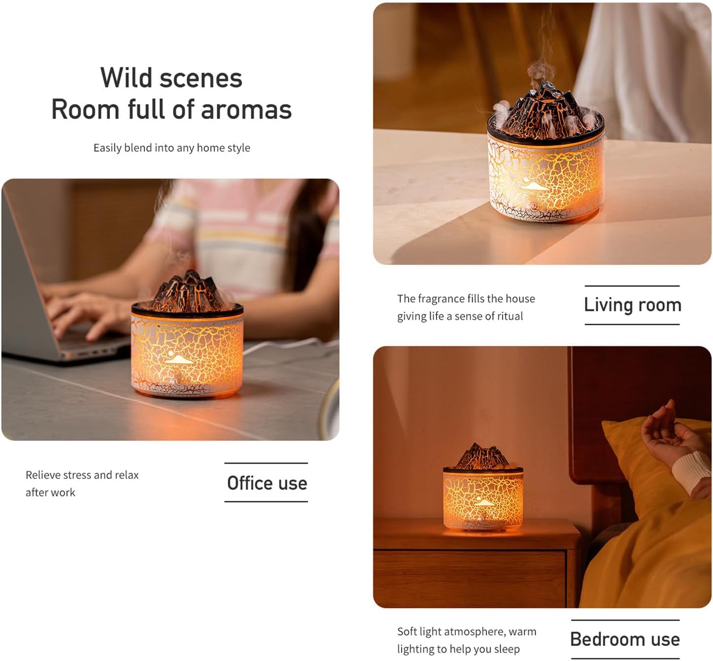 Humidificador de 180ml, difusor de aromaterapia con Apagado automático for Dormitorio, difusor de aceites Esenciales de aromaterapia, difusor de Llama de volcán(Bianco)