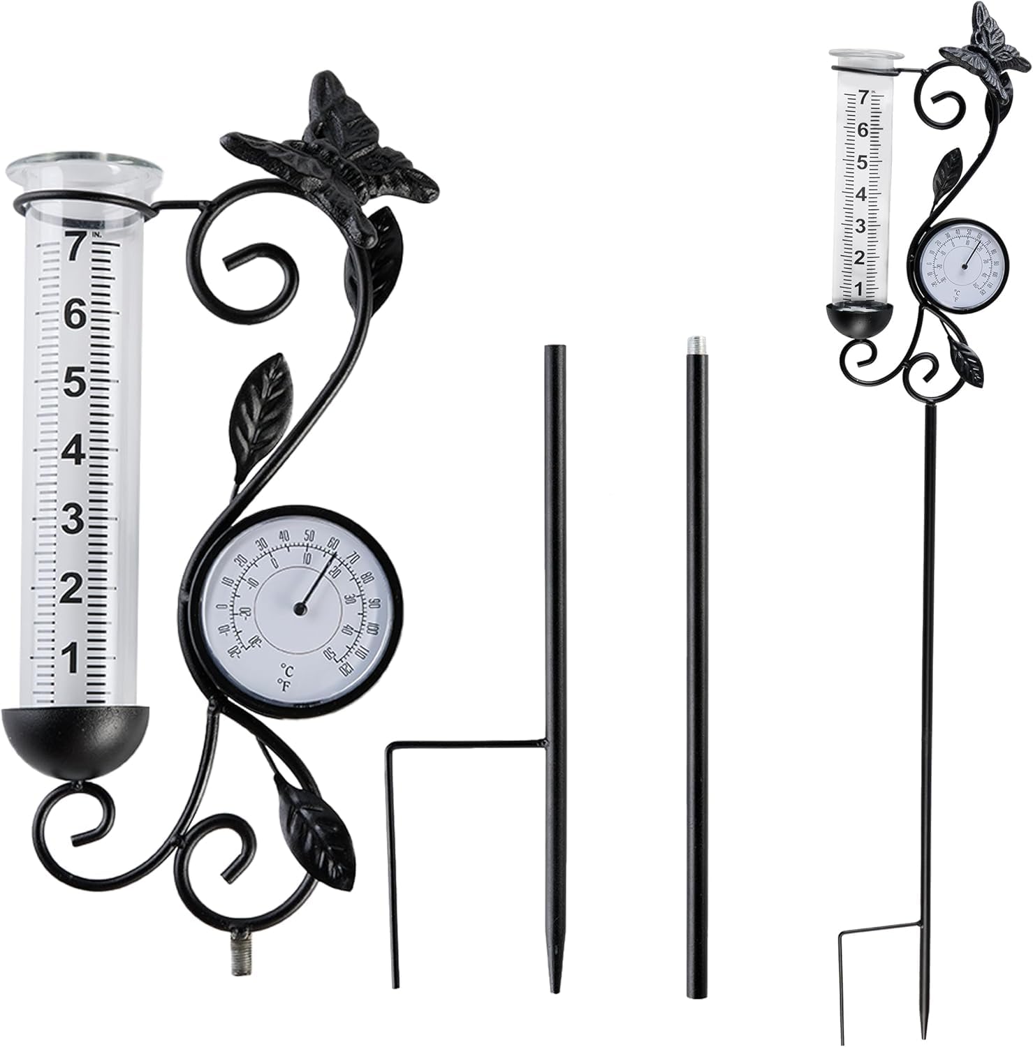 Pluviometro per esterni, a forma di farfalla, colore nero, con termometro per misurare le precipitazioni, decorazione da giardino.