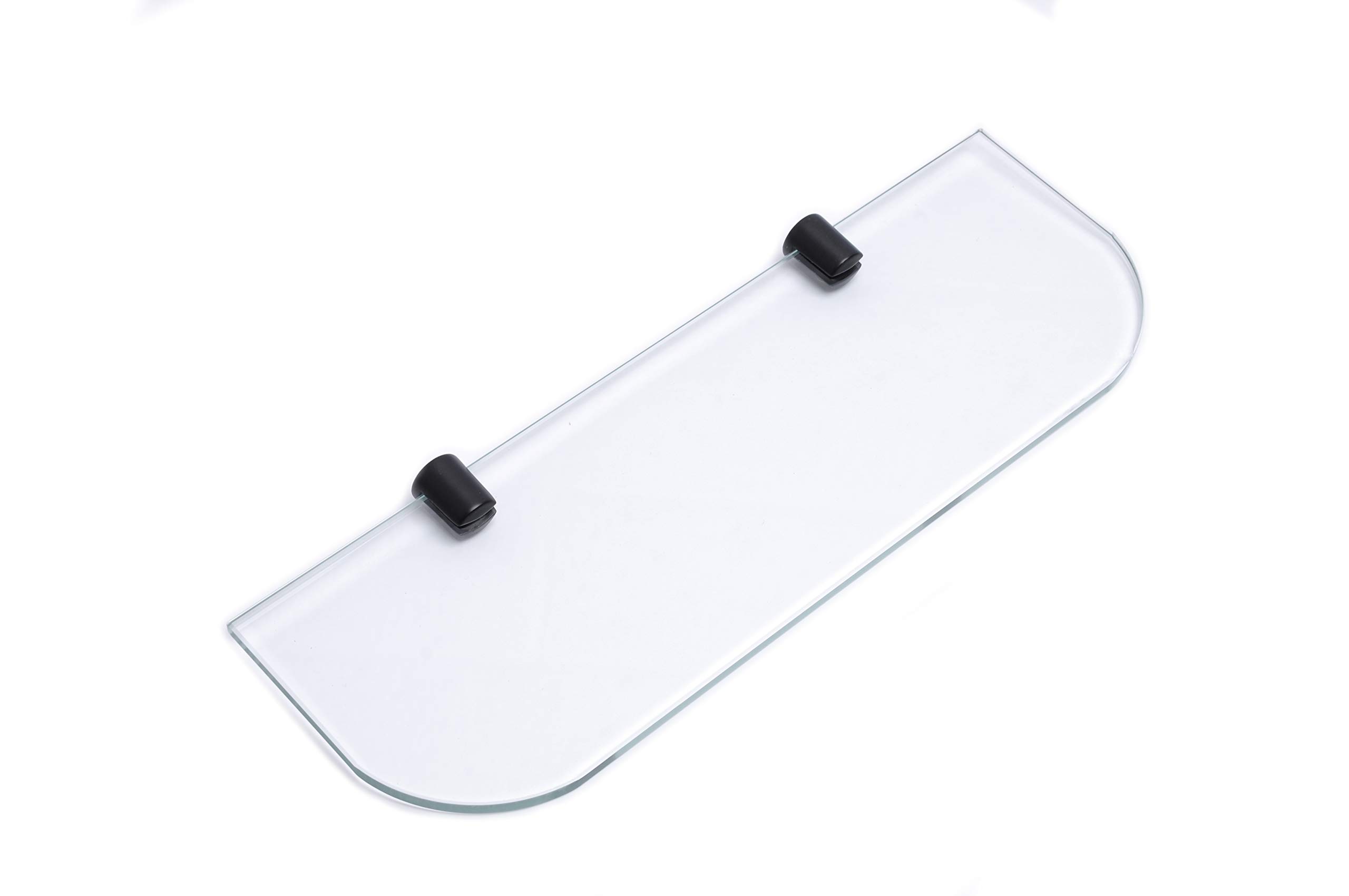 BSM Marketing 300mm (12” approx.) glass shelf with matt black bracket supports choice of rectangle or curved corners (Curved Corners)