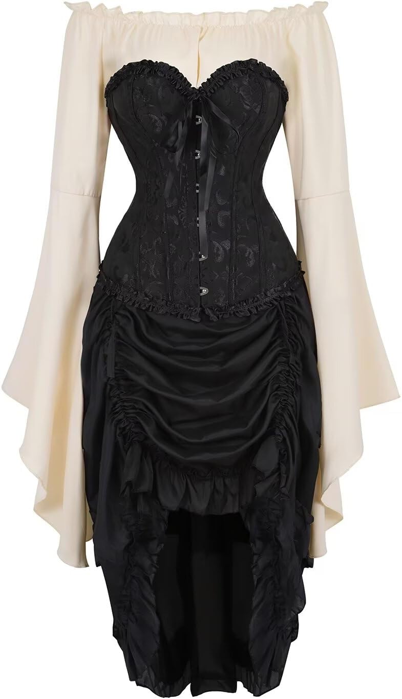 Jutrisujo Corset Tops for Women Dress Skirt with Tutu 3 Set Plus Size Vintage Lace up Gothic Costume Halloween