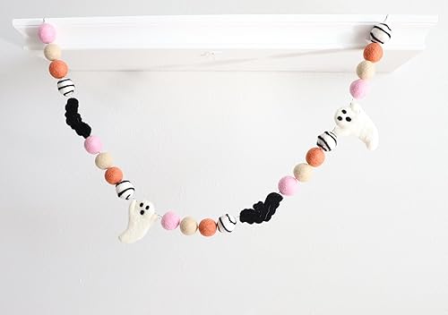 Miniatura 1 de Halloween Decor Boho Felt Garland Ghost 6Ft Wool Ball Pom String Hanging Decor Cute Seasonal Mantel Banner Wall Craft Party Decoration  Mini Felt