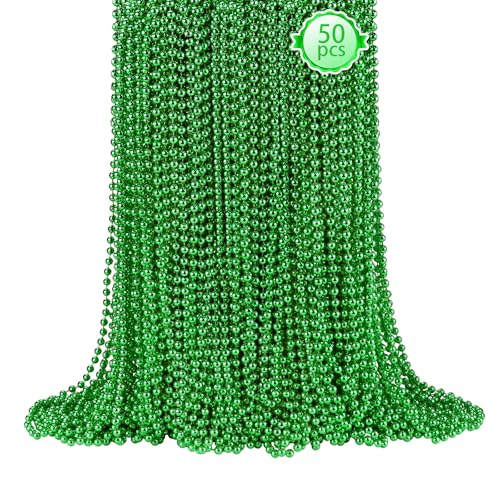 SHAOQINLIN 50 PCS St. Patricks Day Beads Necklace 33 Green Mardi Gras Beads Christmas Necklaces Irish Saint Patricks Necklaces for St. Patricks Day Mardi Gras Parade Throws Birthday Party Favors